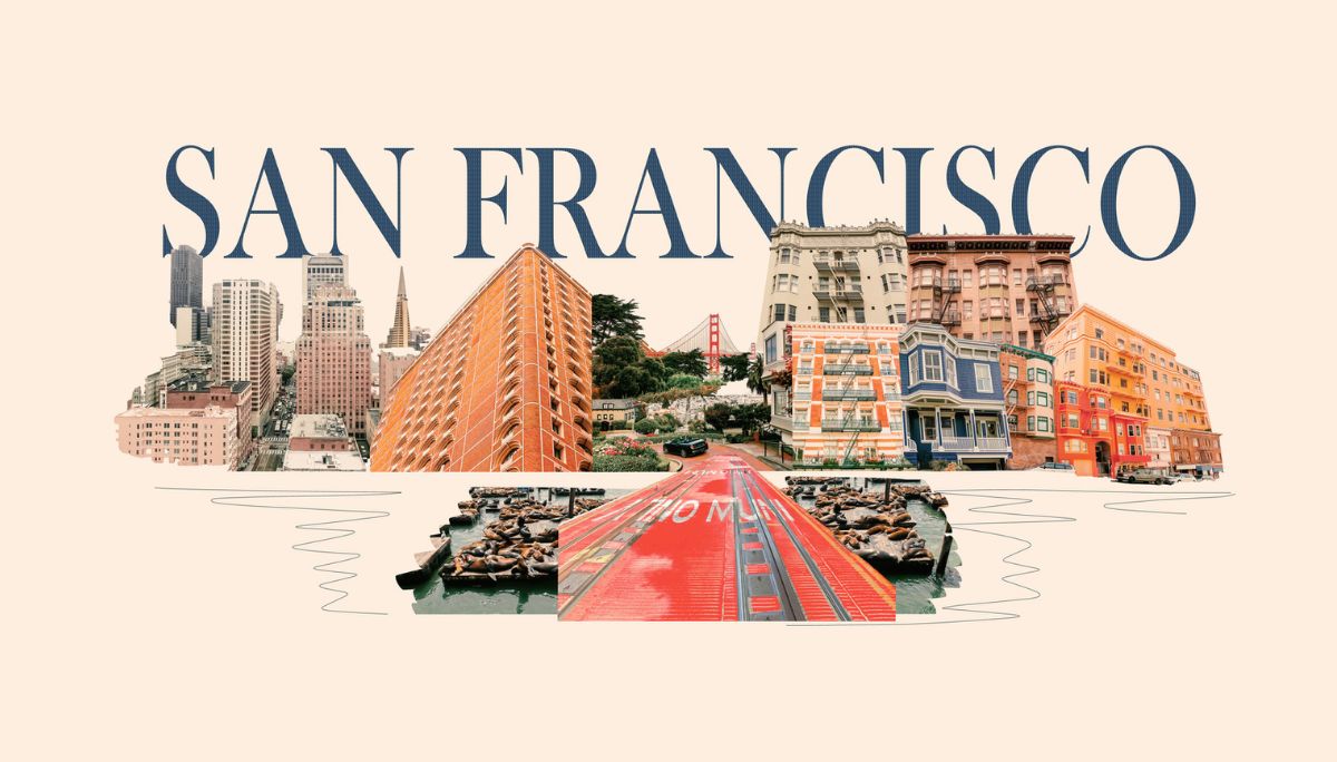 Collage of San Francisco landmarks including the Golden Gate Bridge, Victorian houses, skyscrapers, and a cable car, symbolizing the Bay Area startup scene and hiring landscape.