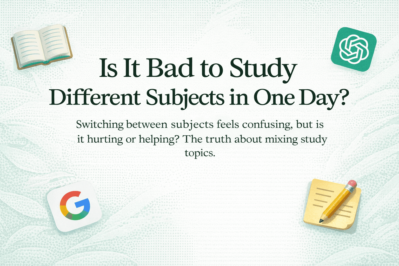 Is It Bad to Study Different Subjects in One Day? Minimal poster with books, notes, and study icons on a light background.