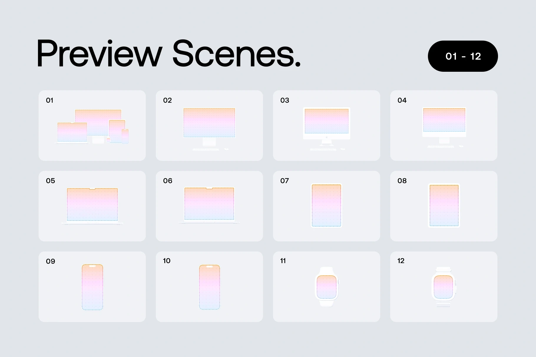 Preview grid of 12 Apple device clay mockup scenes with minimal layouts.