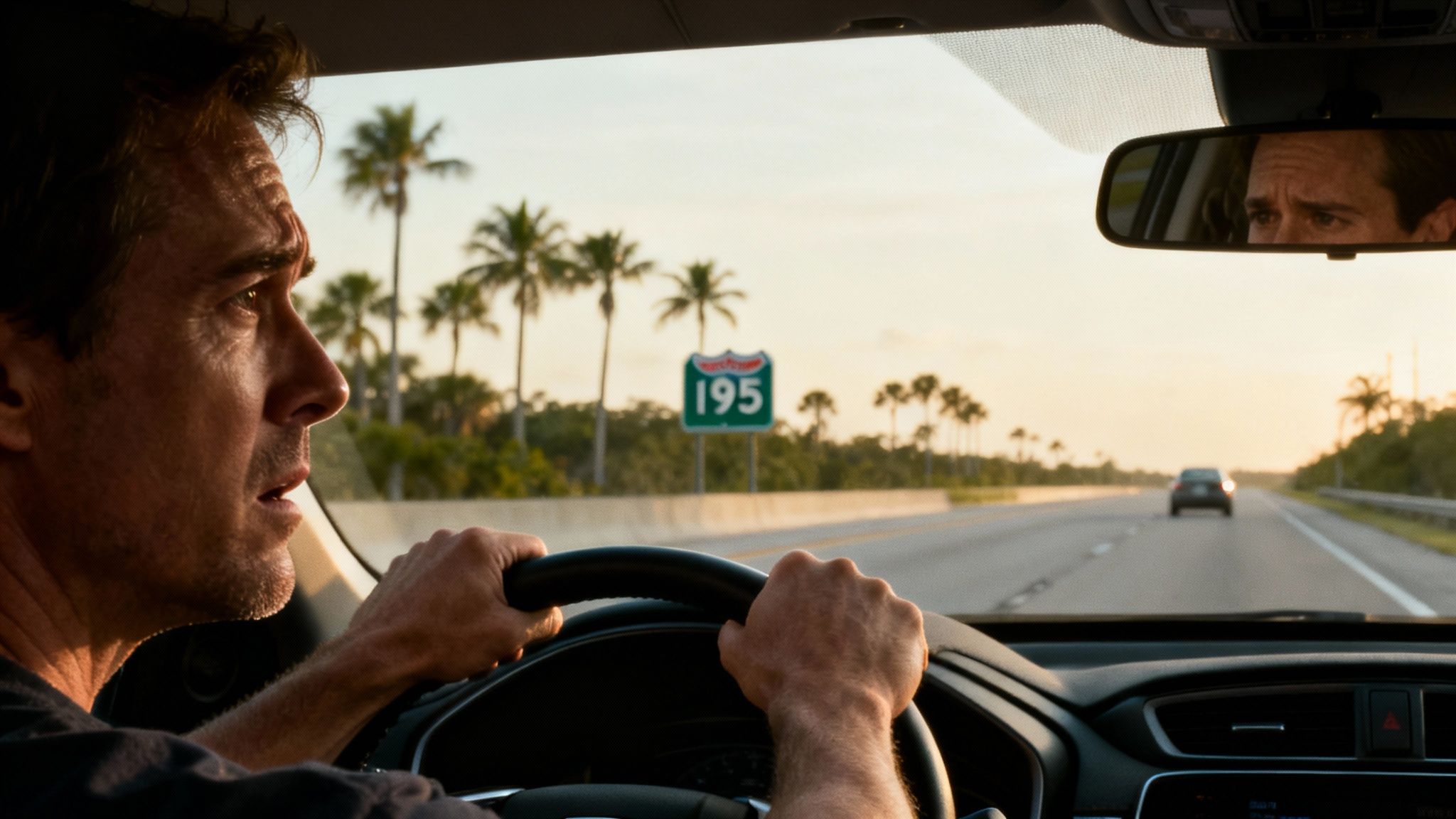 A worried man drives a car on a Florida highway during sunset with an I-195 sign.