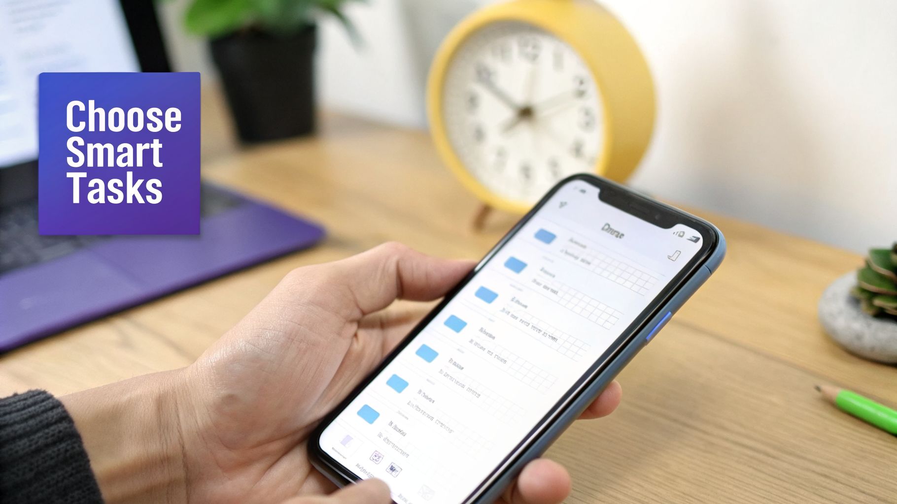 A person holds a smartphone displaying a task management app with folders and text. A 'Choose Smart Tasks' overlay is visible.