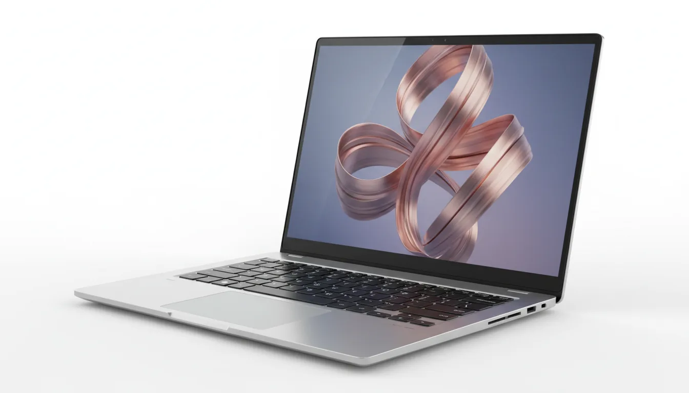 DSLR product photography of a premium, slim workstation laptop, isolated on a pure white background. The laptop is angled in a three-quarters perspective view, featuring a silver metallic chassis and a dark carbon fiber textured palm rest. The screen has ultra-thin bezels and displays a complex, abstract 3D render in the style of Cinema 4D, showing swirling, ribbon-like forms with a brushed copper and rose-gold texture against a muted blue-purple background. Soft studio lighting creates clean, subtle reflections on the laptop's surfaces. The entire object is in sharp, crisp focus.