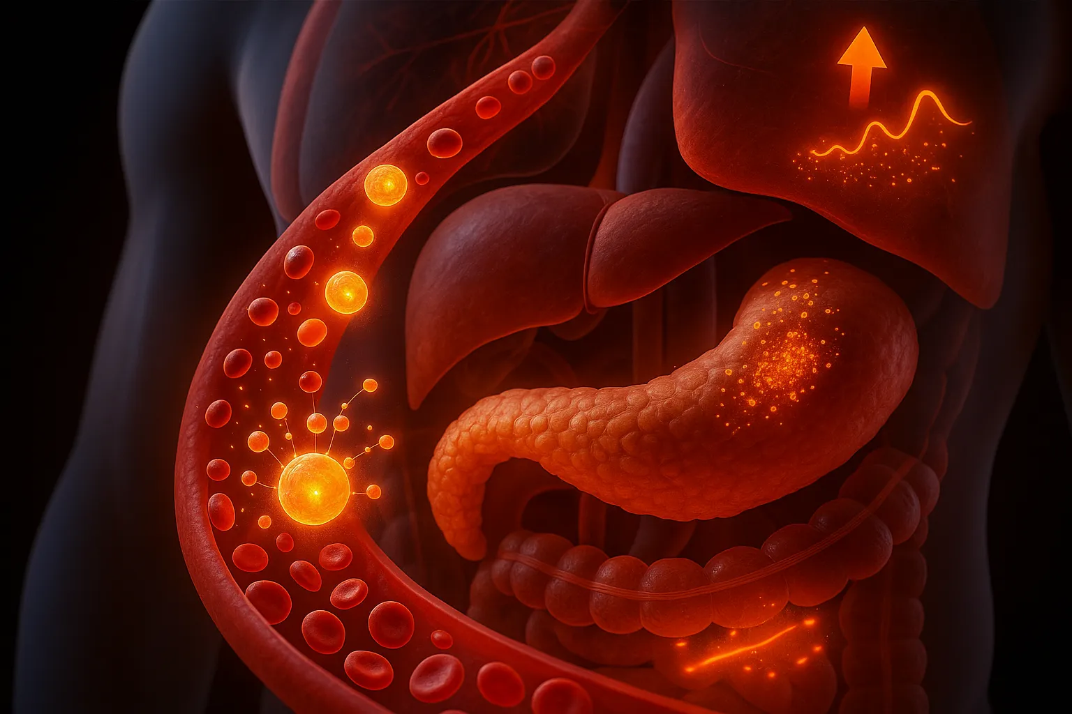3D cross-section of abdomen showing pancreas and liver with glowing glucagon particles traveling through a blood vessel to raise blood glucose