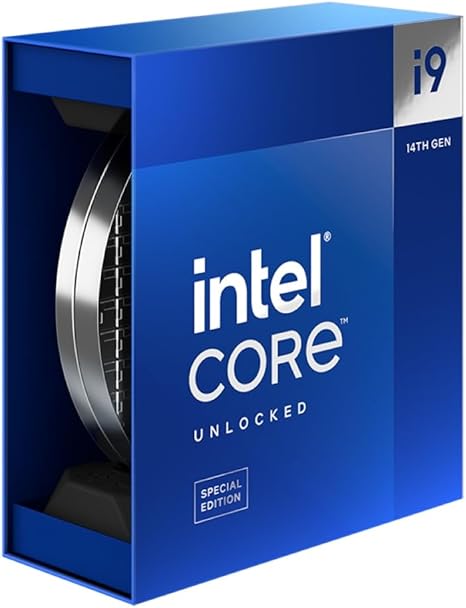This is an image of the Intel Core i9-14900KS processor with 24 cores (8 performance cores, 16 efficient cores) and integrated graphics, recommended by Xilly on their PC parts list for high-performance gaming.