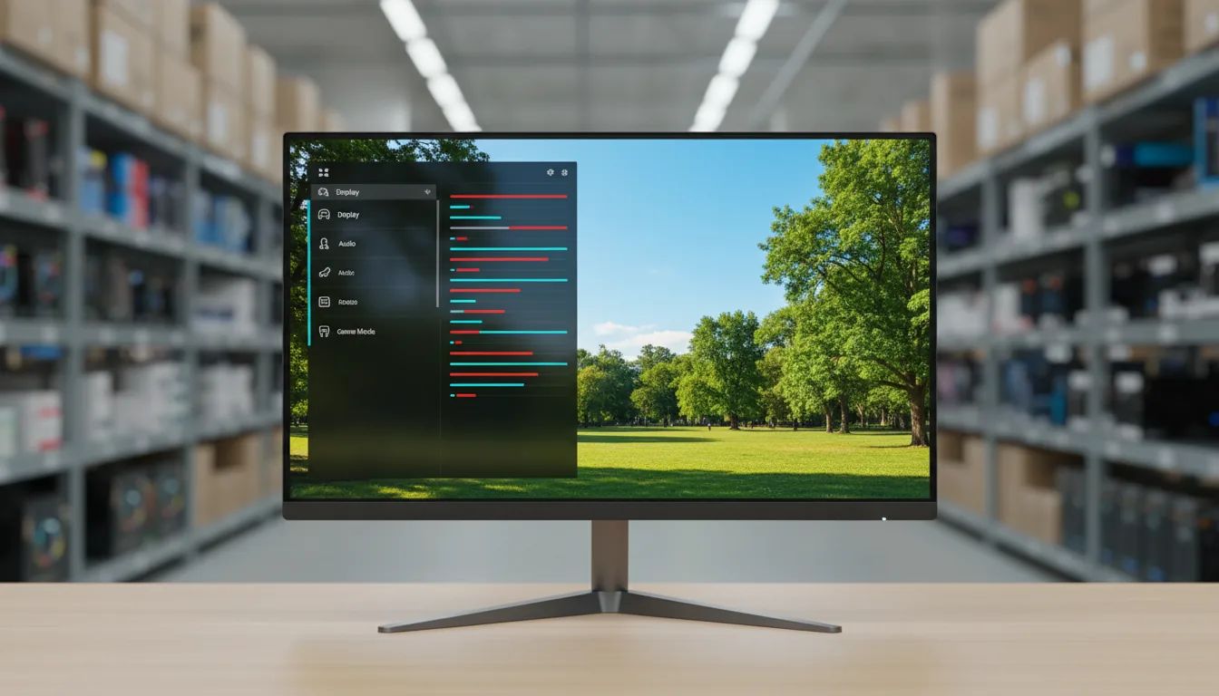 DSLR product photography of a modern, thin-bezel PC monitor on a light wood tabletop. The monitor has a matte dark gray chassis and an angular metallic stand. The vibrant screen displays a sun-drenched park scene with green tree leaves against a bright blue sky. A semi-transparent dark mode gaming-style On-Screen Display menu is open, featuring a left sidebar with icons, abstracted text lines, and highlights of red and cyan. The setting is a brightly lit electronics warehouse, with rows of industrial racks and computer equipment blurred into a bokeh background. Sharp focus, clean commercial lighting.