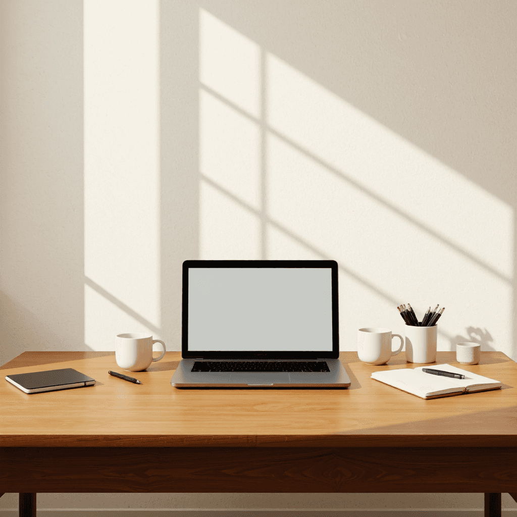 product photography of workspace items including a laptop, tablet, coffee mugs, and stationery
