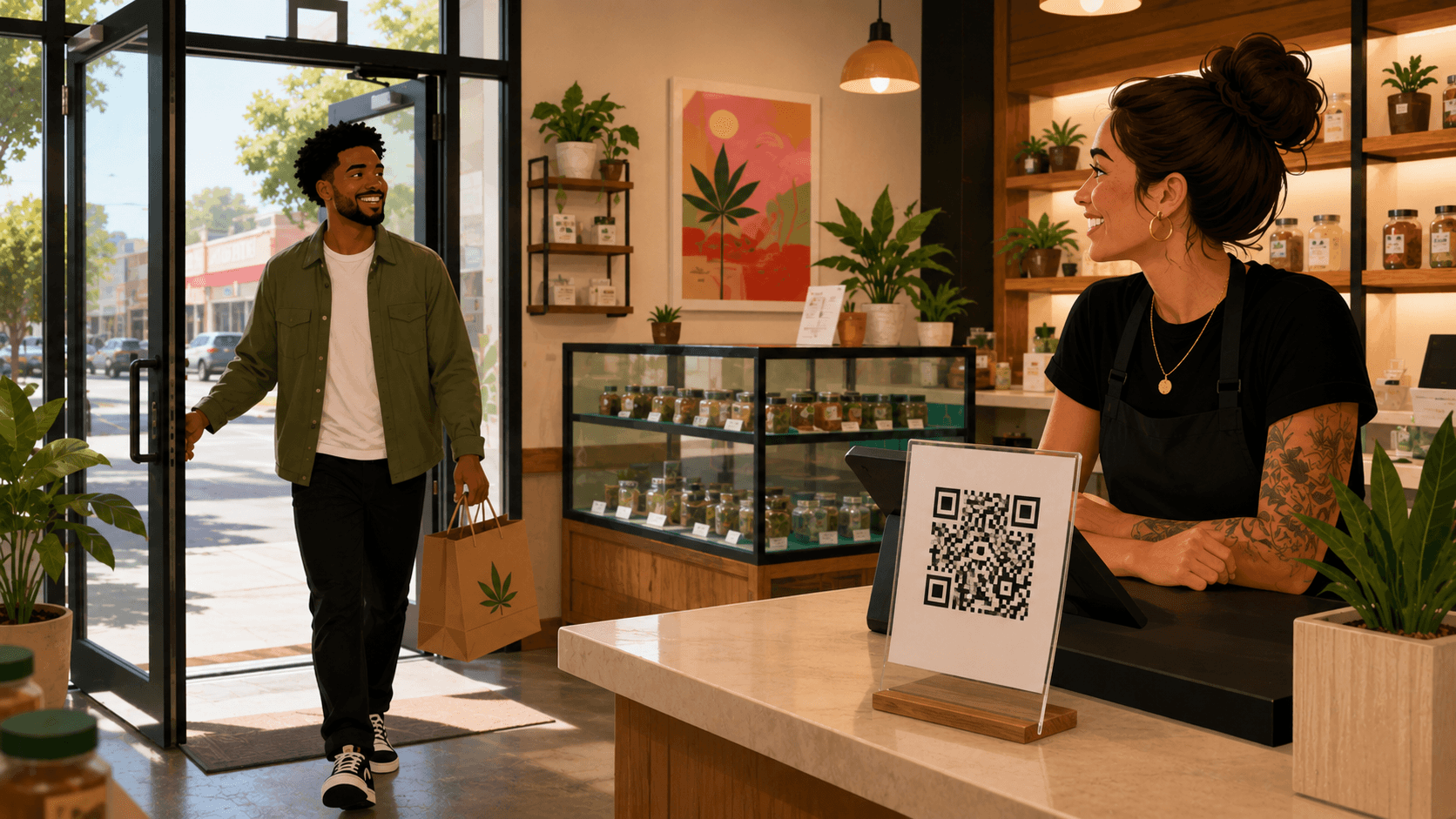 A realistic cannabis dispensary interior with warm natural lighting and modern wood finishes. A smiling customer walks through the glass entrance holding a branded shopping bag, while a friendly budtender behind the counter looks over in recognition. On the counter is a tabletop QR code display stand for loyalty or rewards scanning. The space features potted plants, softly lit shelves with cannabis products, and clean glass display cases, creating a welcoming and premium retail atmosphere.