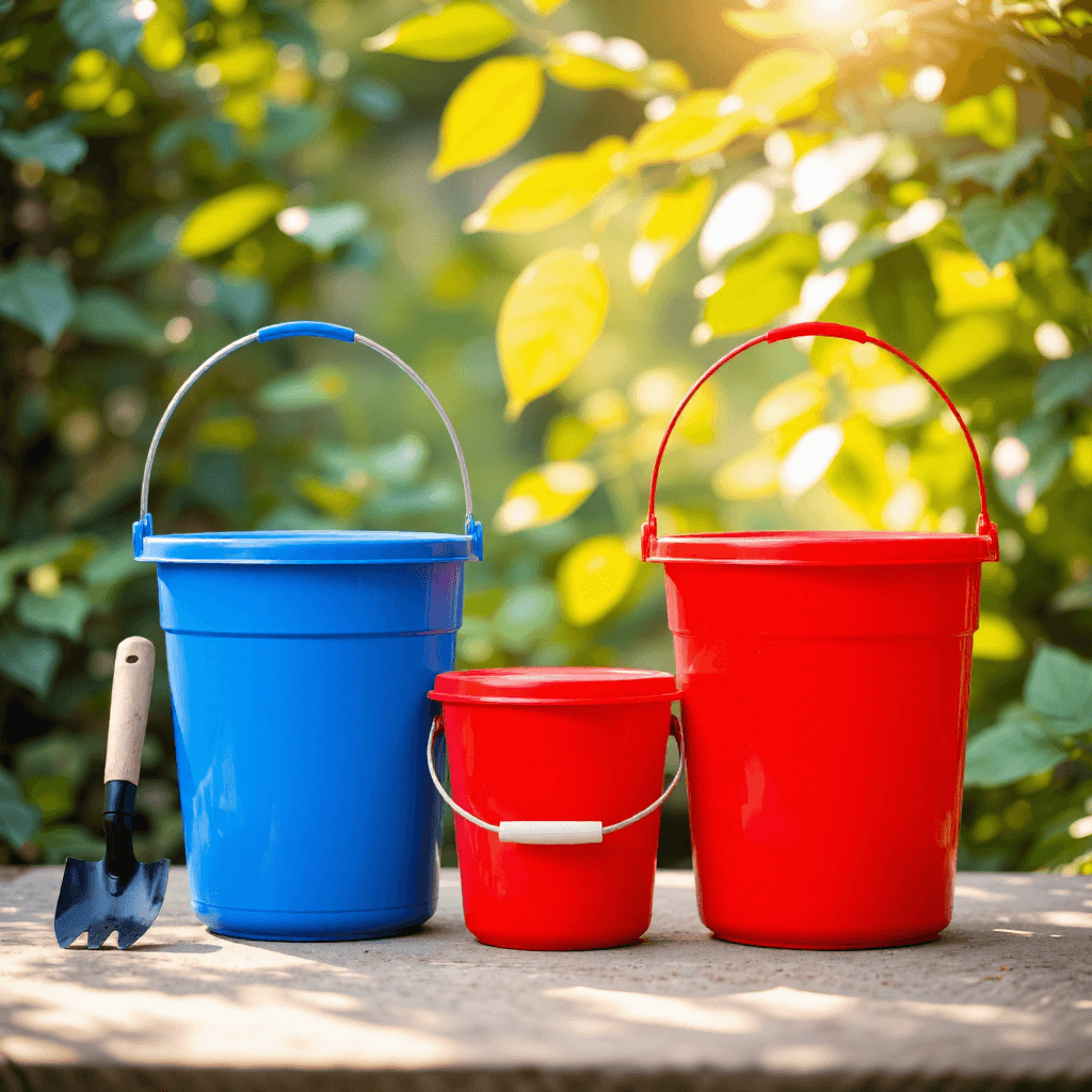product photography of set of plastic buckets with lids