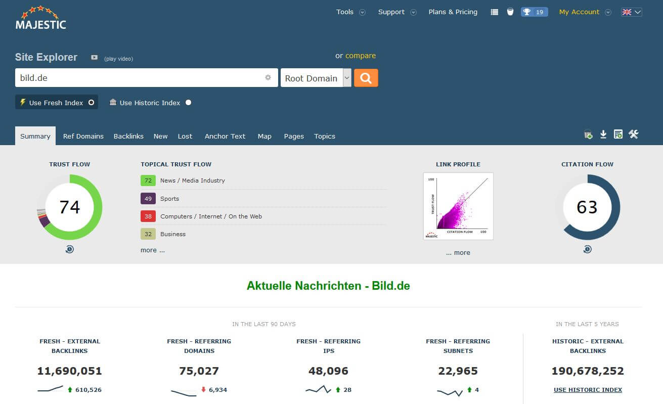 Majestic Linkbuilding Tool mit Trust Flow und Citation Flow