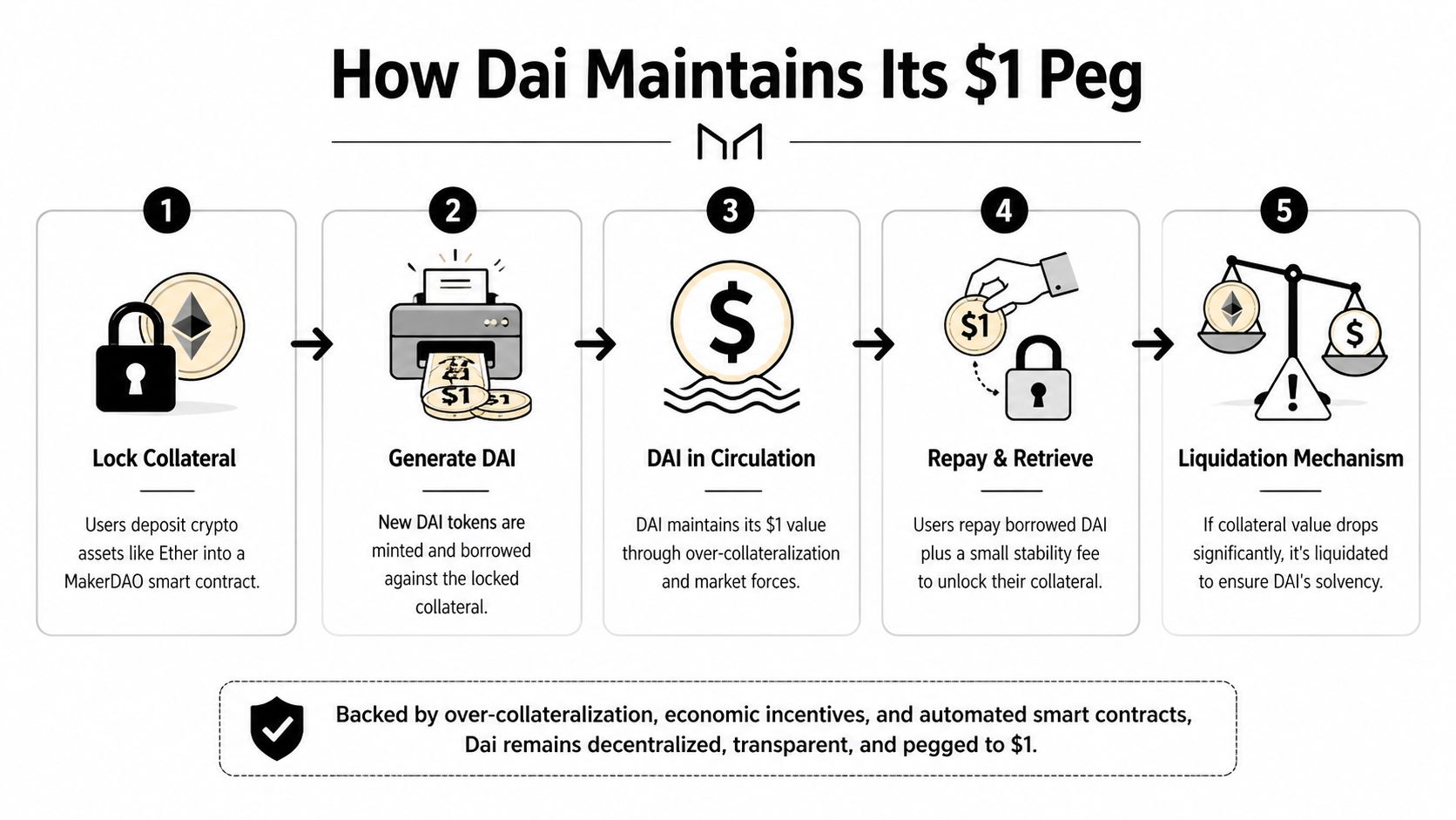 A five-step infographic illustrating how the Dai stablecoin maintains its one dollar peg through decentralized collateralization.