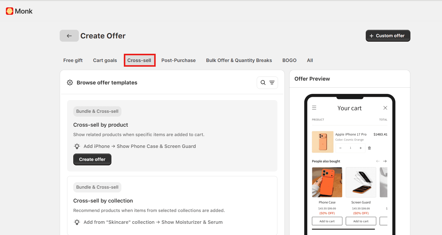 Cross-sell templates in Monk Dashboard