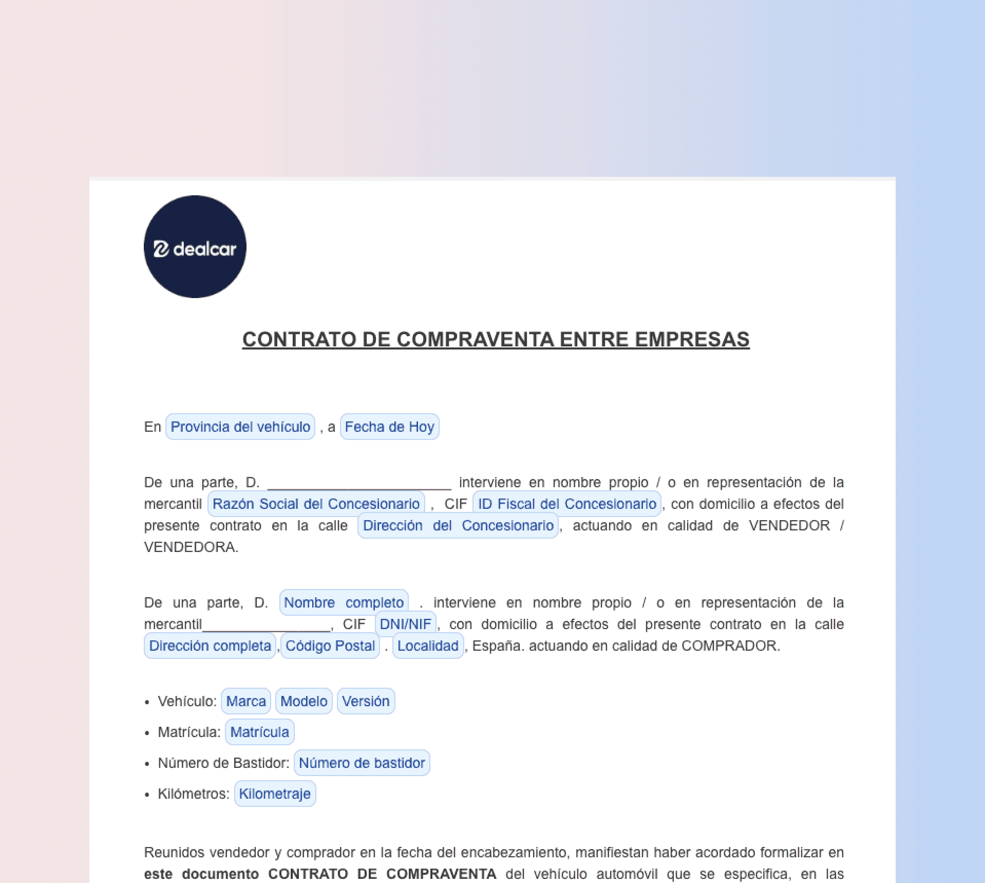Contract of sale between companies. Dealcar contract.