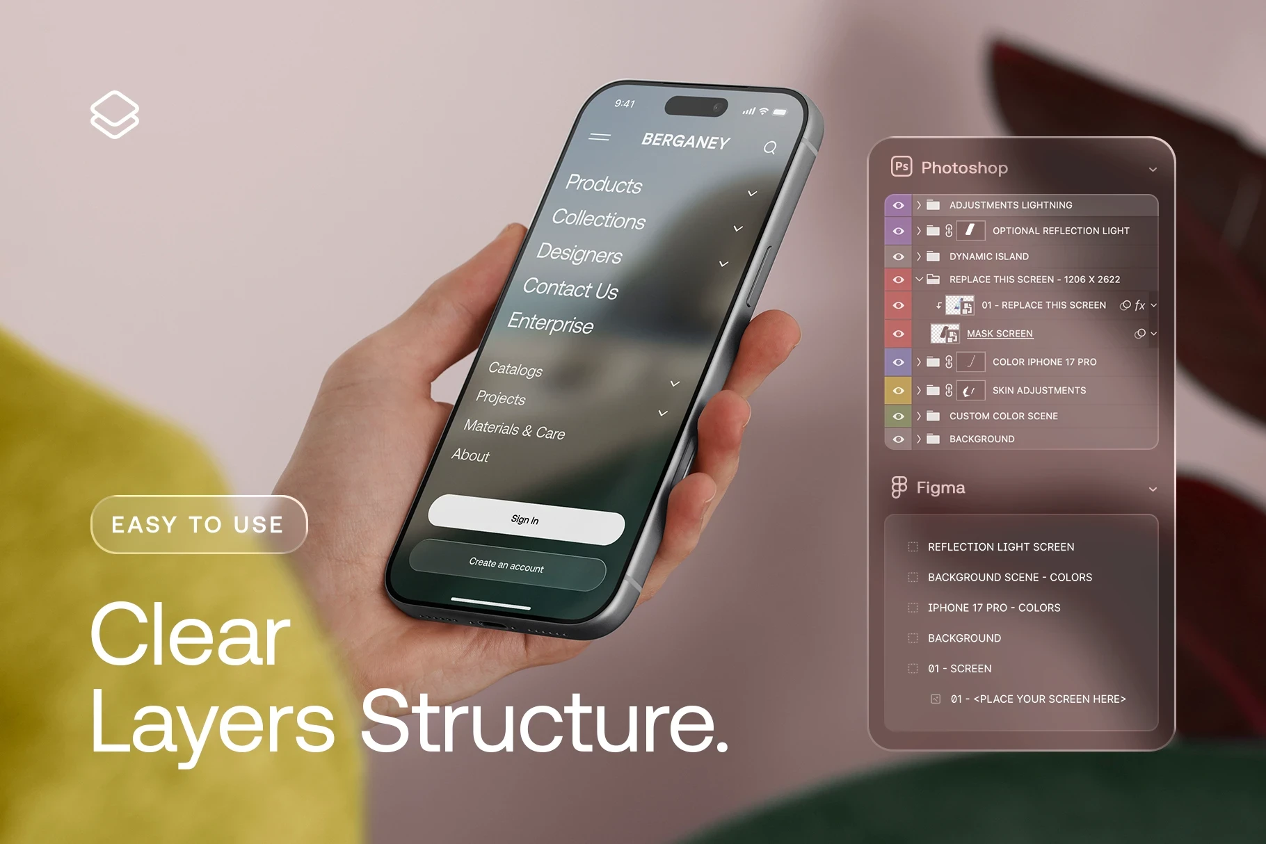 iPhone 17 Pro in-hand mockup displayed alongside a Photoshop layers panel to illustrate its clear layer structure.