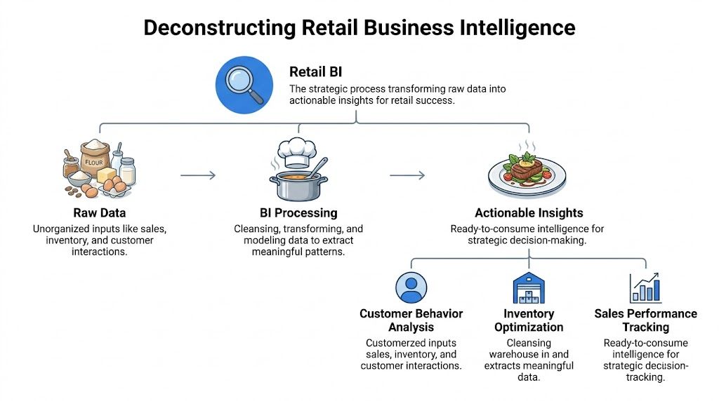 A diagram illustrating the process of transforming raw retail data into actionable business intelligence insights.