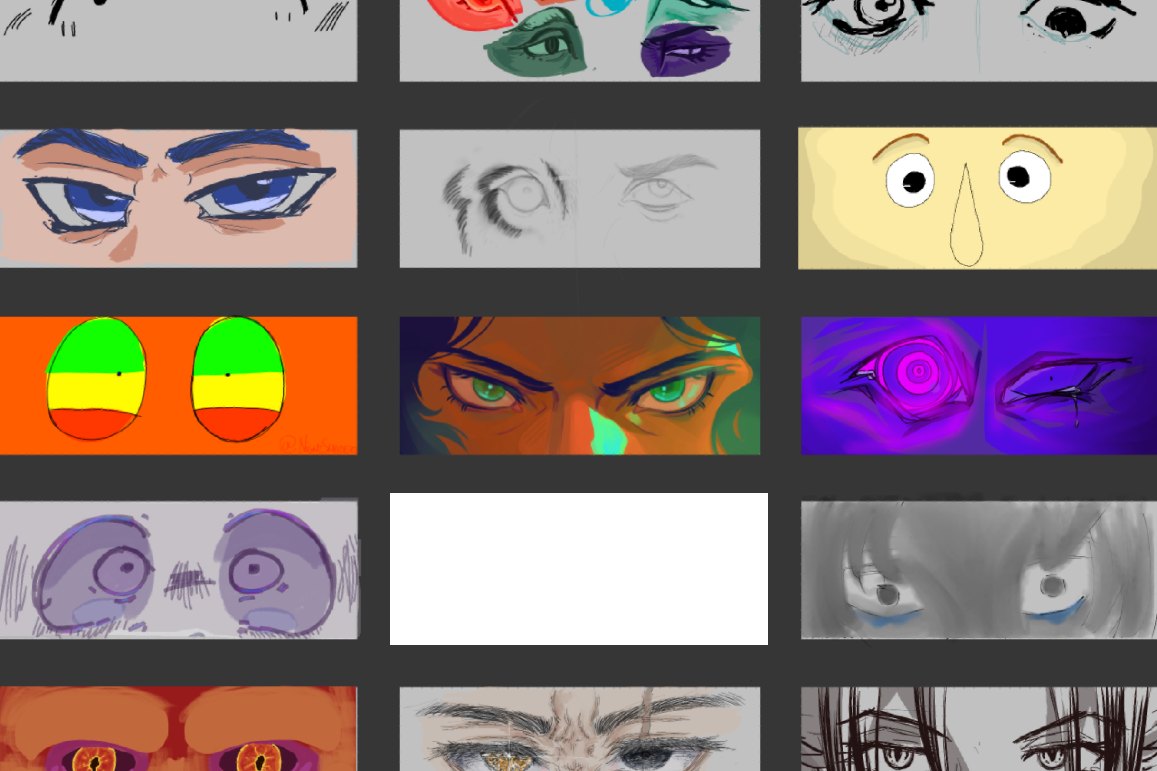 Part of the "Draw Eyes in Your Style!" canvas (one panel is left out). The outlined pair is the green eyes further down.