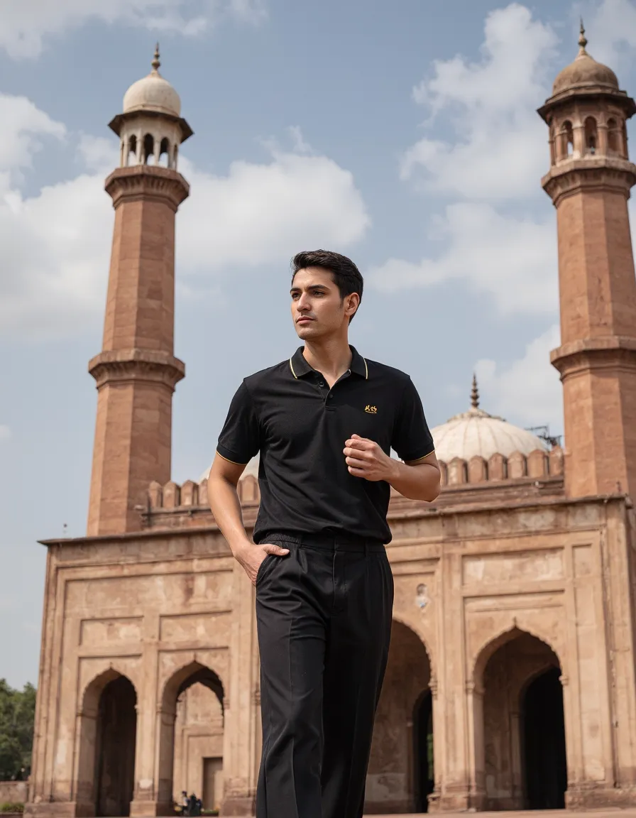A sophisticated portrait featuring elegant black attire against historic Islamic architecture with towering minarets under a blue sky.
