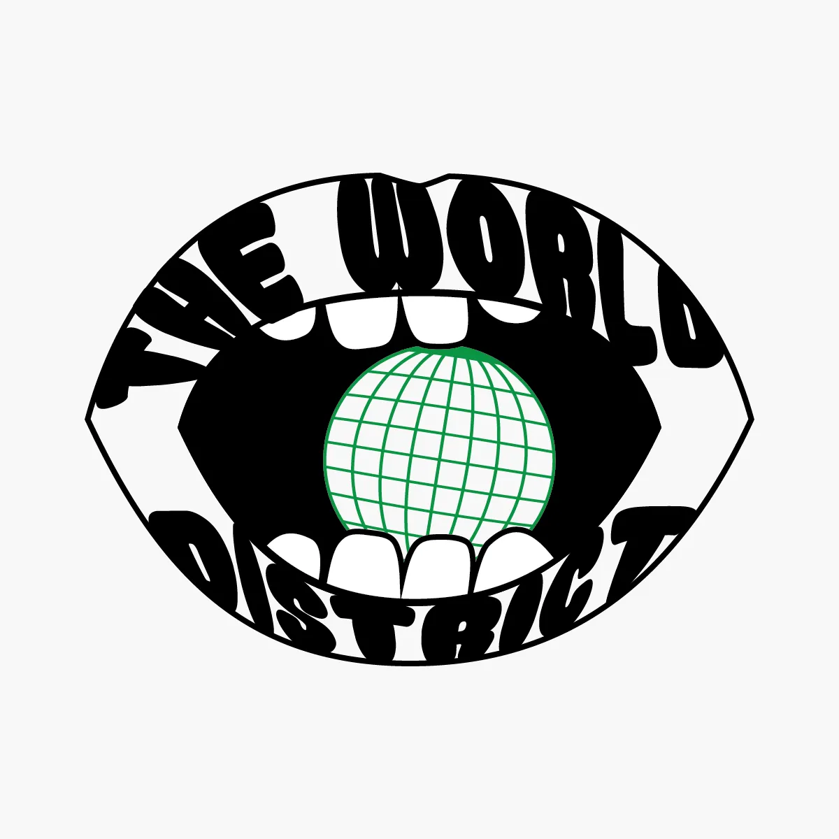 100 Logos #86: The World District wordmark styled as lips around a green globe eye