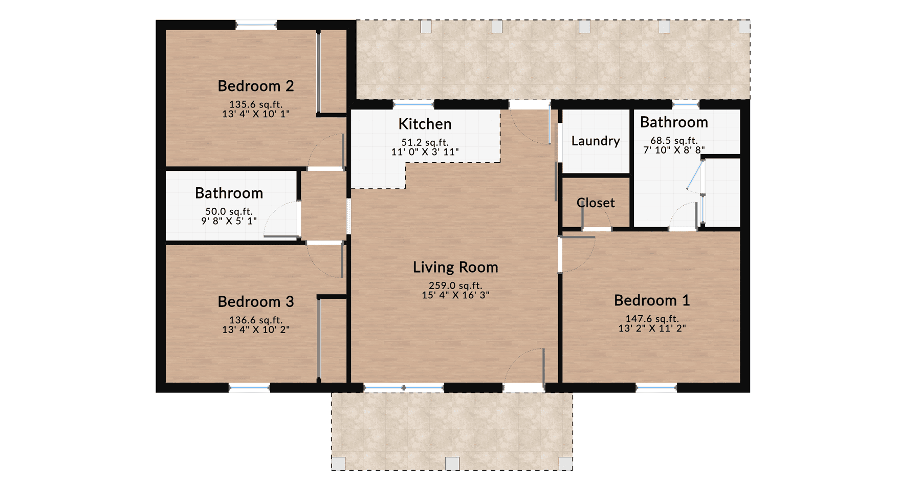 Three-bedroom house floor plan with living room, kitchen, two bathrooms, laundry, and closet, designed for an open and functional layout.