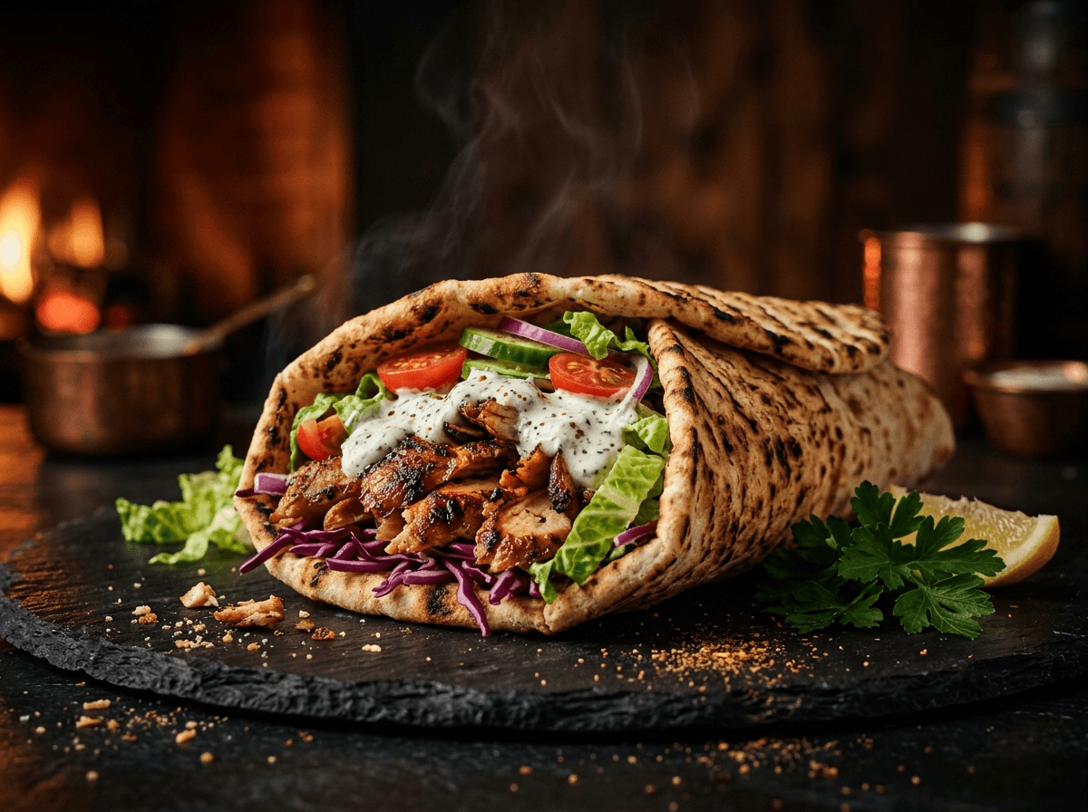 Chicken Döner · knuspriges Fladenbrot, warmes Licht