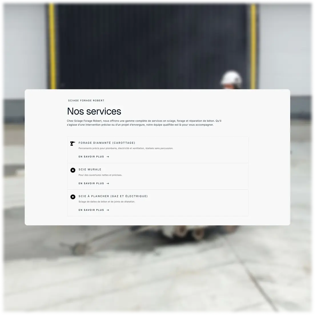 Page de services du site Sciage & Forage Robert mettant en avant leur expertise en découpe et forage de béton.