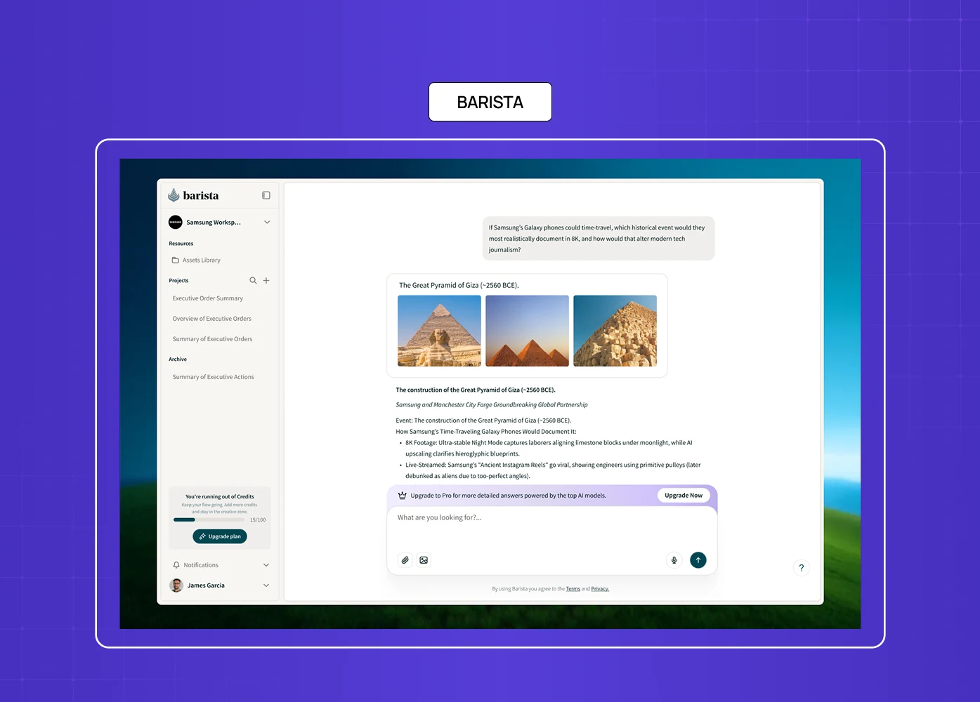 A screenshot of the Barista platform interface, highlighting AI-assisted content creation and workspace management features.