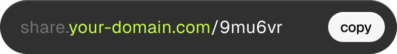 A dark gray rounded rectangle displays a shareable URL with "your-domain.