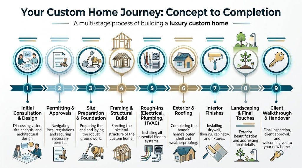 A nine-step infographic illustrating the luxury custom home building process from initial concept to final client handover.