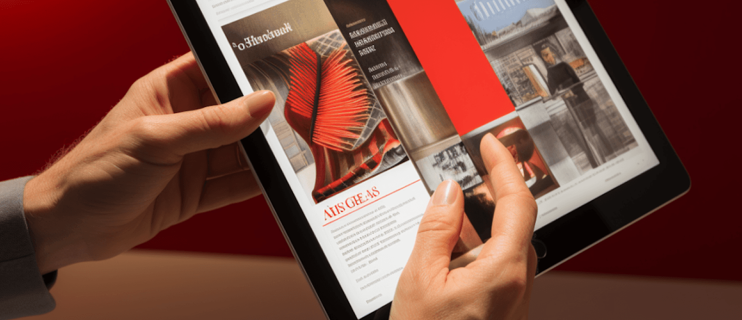 A person using a tablet to browse a design magazine with a red background.