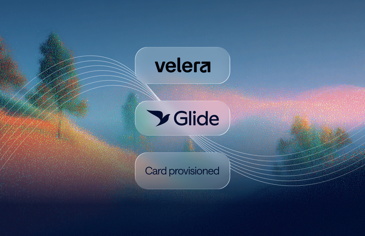 Abstract hero image showing a dynamic wave of orange and blue particles on a gradient background.