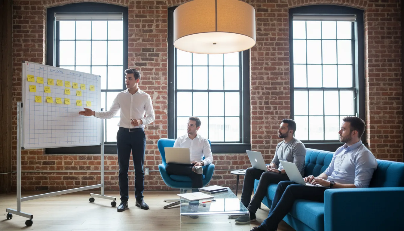 DSLR photograph of a team meeting in a modern, industrial-style tech office. A young man in a white shirt stands and presents to three colleagues, pointing at a large mobile whiteboard covered with a grid and yellow sticky notes. Two men sit on a vibrant blue sofa and another sits in a modern blue office chair, all using laptops and listening attentively. The room features a textured, distressed brick wall, large glass windows, and a glass coffee table. The scene is captured with sharp focus, illuminated by a mix of bright natural daylight and warm ambient light from a large overhead drum lamp.