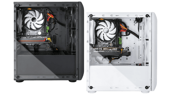 The image features two gaming PCs, one in a black case and the other in white, positioned side by side to showcase their internal components through transparent side panels. Each PC is equipped with a single large circular fan at the center, a neatly arranged set of cables, and a variety of high-performance parts including graphics cards and motherboards, emphasizing their readiness for top-tier gaming. The contrasting black and white cases highlight personalization options for gamers looking to match their gaming setup to their personal style while maintaining a focus on optimal performance and cooling efficiency.