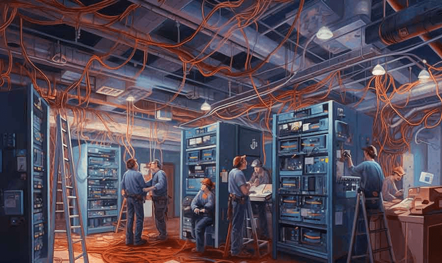 Een groep technici die werken aan de onderhoud van technische installaties in een gebouw.