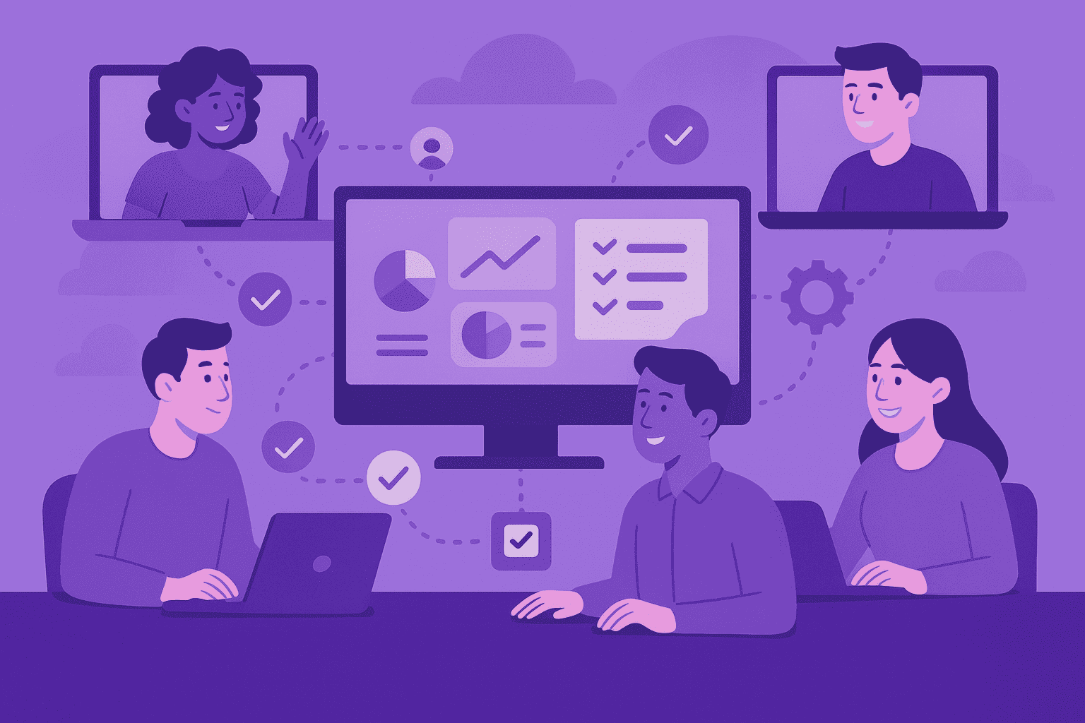A flat-style digital illustration of a remote team collaborating seamlessly across computer screens, connected by glowing lines with shared dashboards and task icons symbolizing harmony, productivity, and coordination.