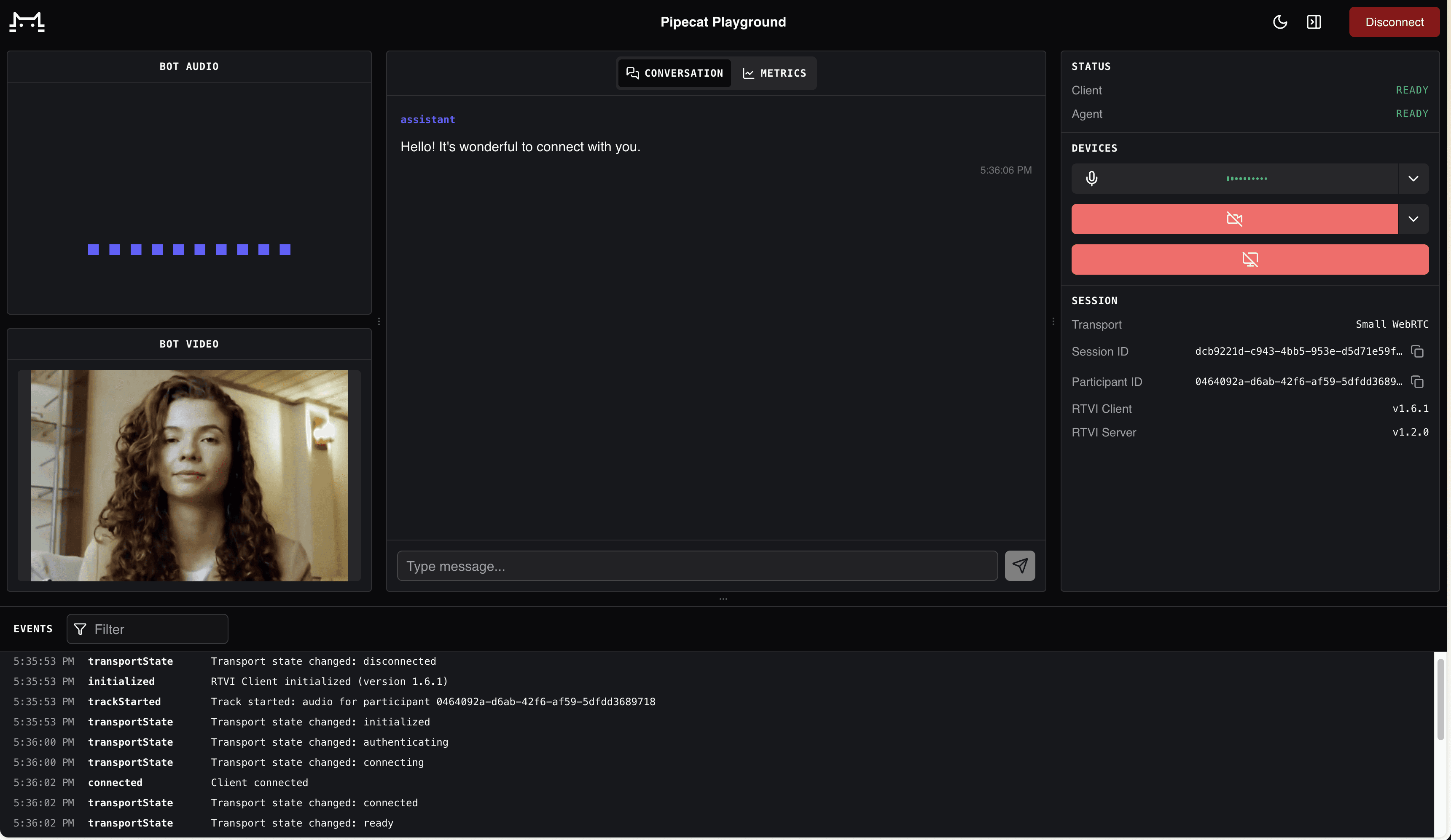 Anam avatar running in the Pipecat smallwebrtc local testing environment