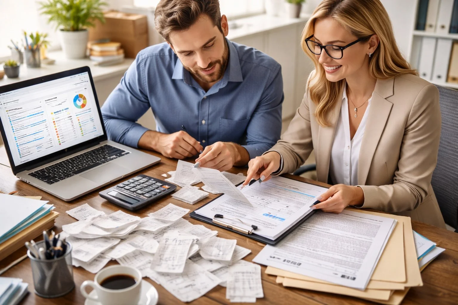 Business owner reviewing records with a professional accountant in an office, surrounded by receipts, tax forms, and a laptop displaying accounting software, illustrating expert guidance.