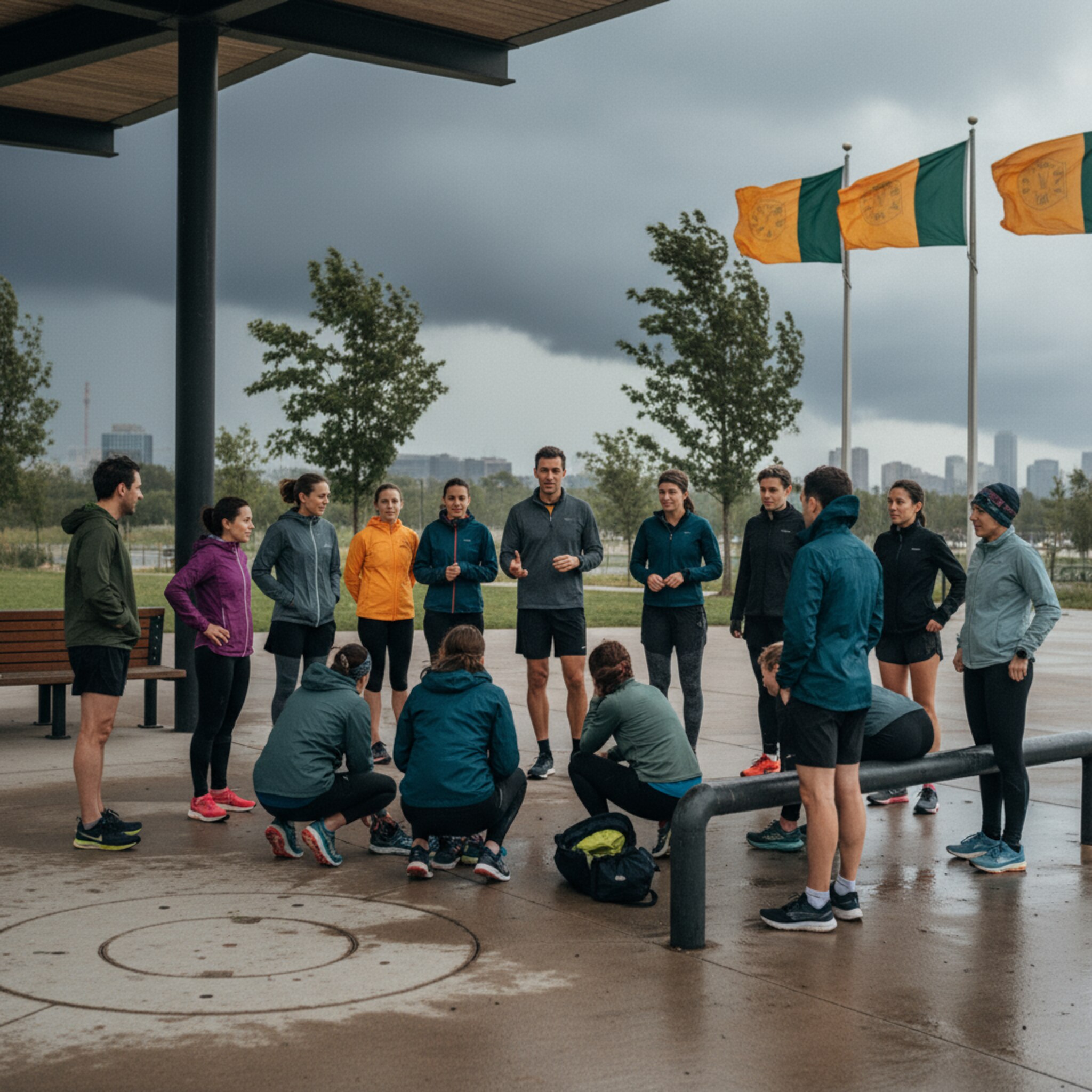 Eine Läufergruppe sammelt sich spontan unter einem Pavillon, dunkle Wolken ziehen auf. Der Coach informiert die Gruppe, einige ziehen Regenjacken an, andere wechseln die Schuhe. Ein frischer Wind lässt Fahnen flattern. Alle wissen, wie das Programm angepasst wird und bleiben entspannt.