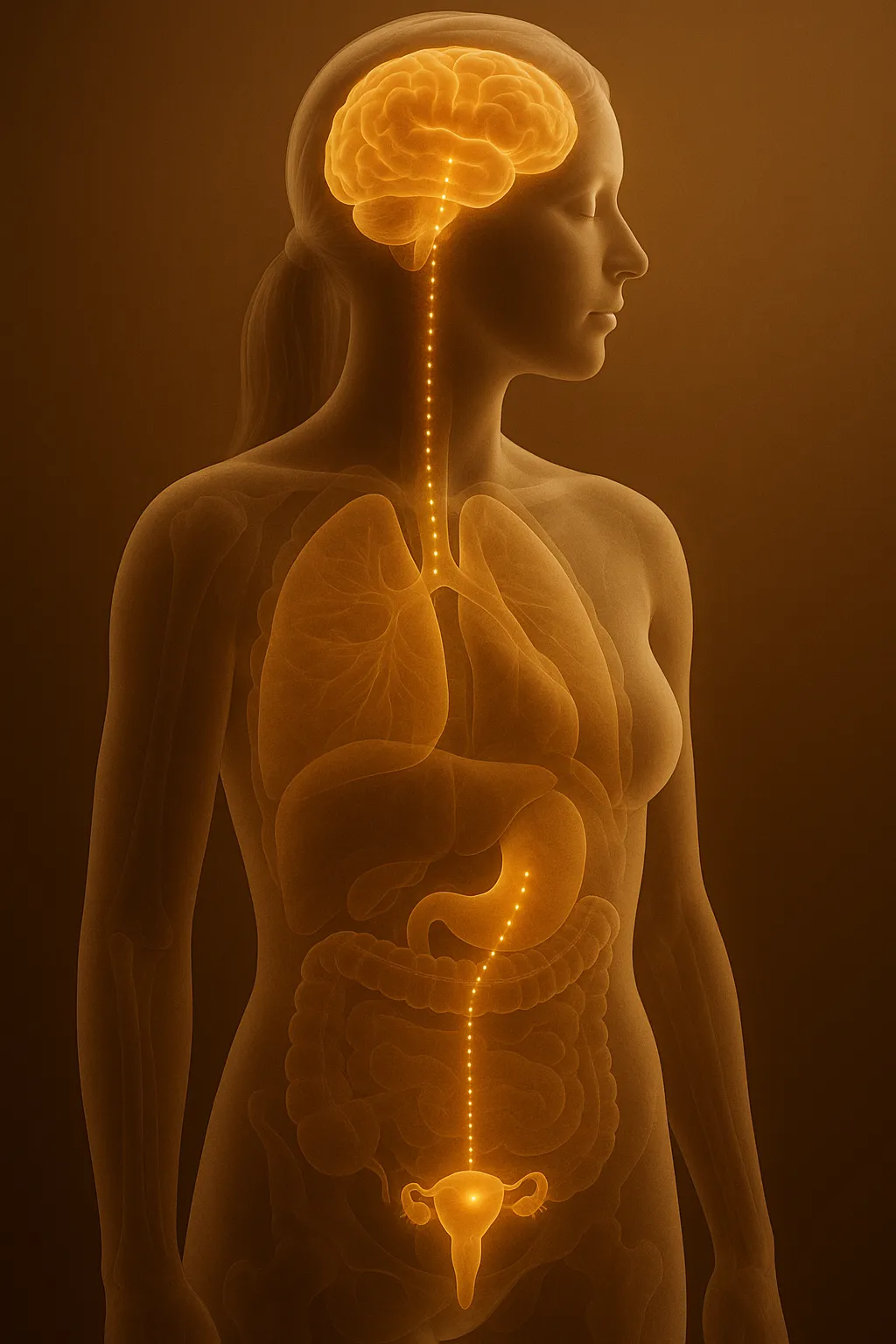 Kisspeptin - Semi-transparent female torso with glowing brain and dotted pathway down to uterus and ovaries showing the kisspeptin reproductive axis.