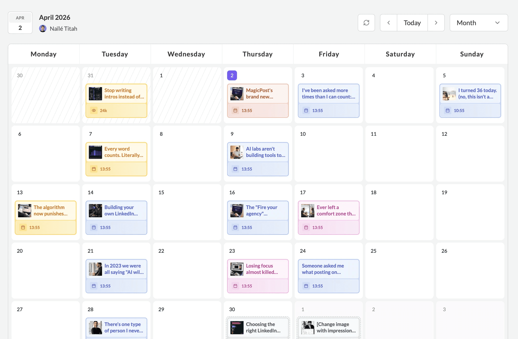 MagicPost's scheduling calendar, showing all posts in the April range