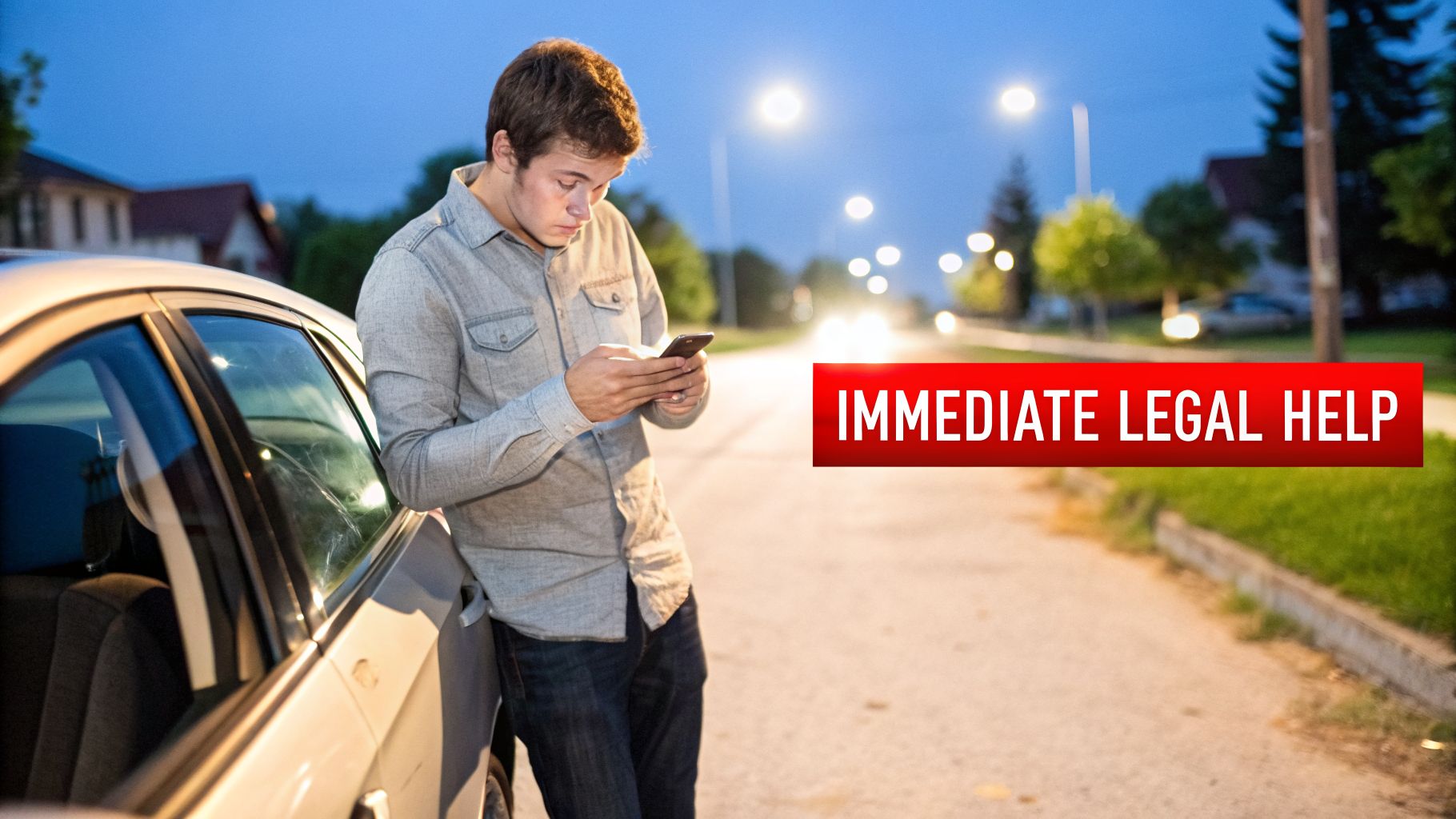 A young man leans on his car at night, looking at his phone, with an 'IMMEDIATE LEGAL HELP' banner.