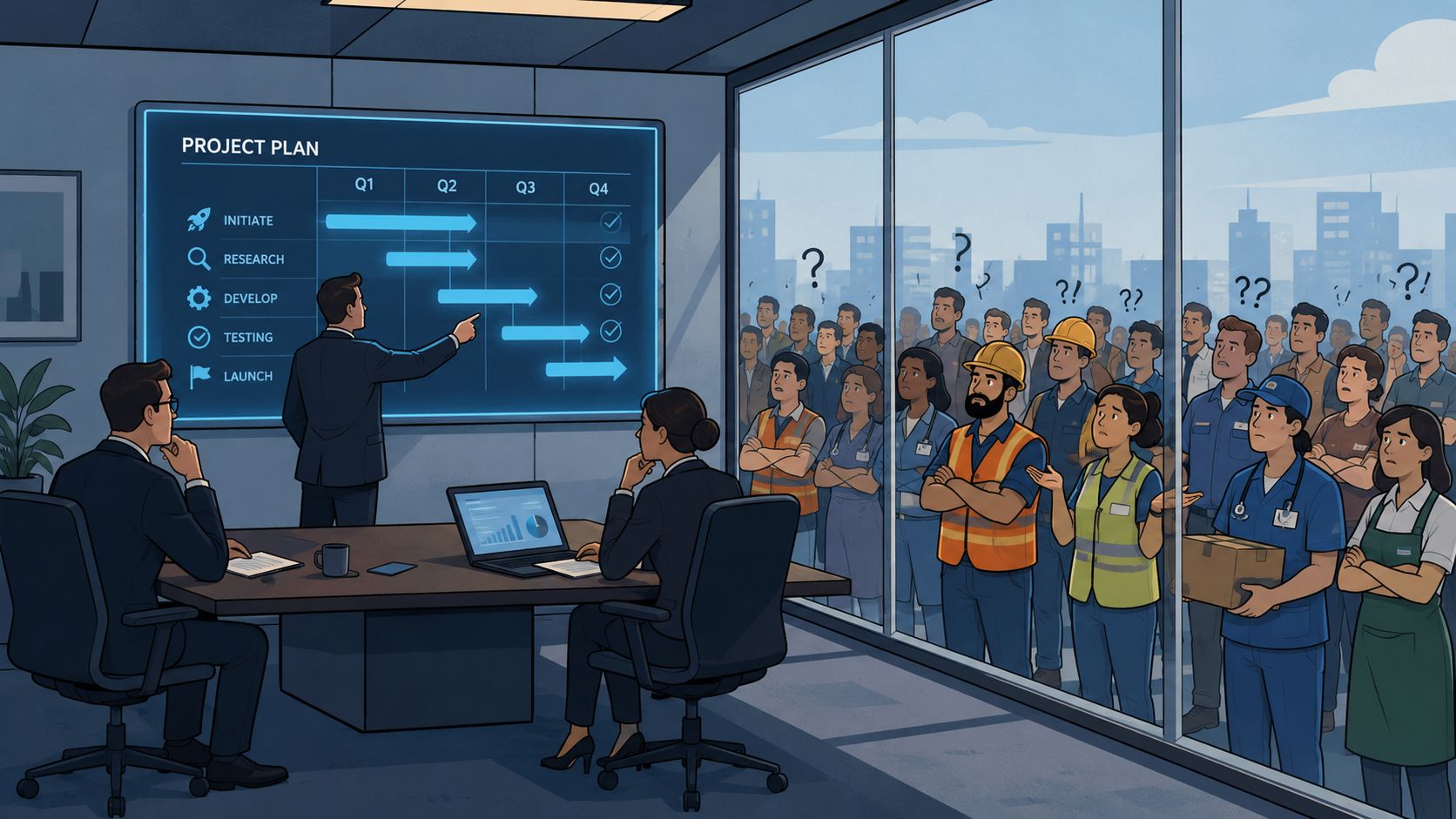 A corporate meeting with executives presenting a project plan to a confused, diverse crowd outside the office.