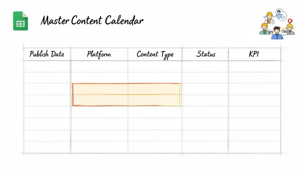 A hand-drawn Master Content Calendar spreadsheet with columns for Publish Date, Platform, Content Type, Status, and KPI.