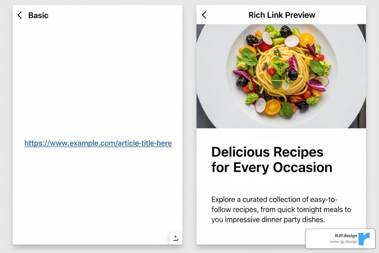 Image showing how a webpage link appears on a social media feed with and without Open Graph tags - search engine optimization meta tags