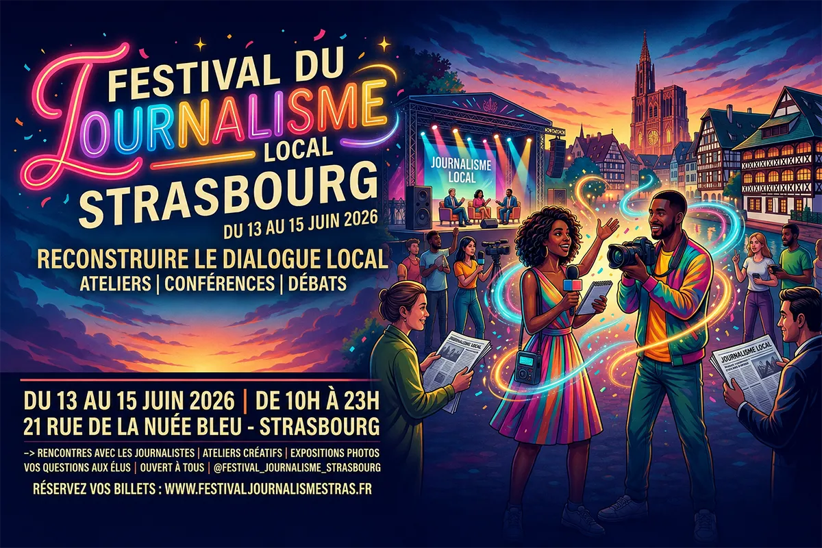 Affiche de festival générée par IA pour un événement de journalisme local à Strasbourg, avec scène, journalistes et public.