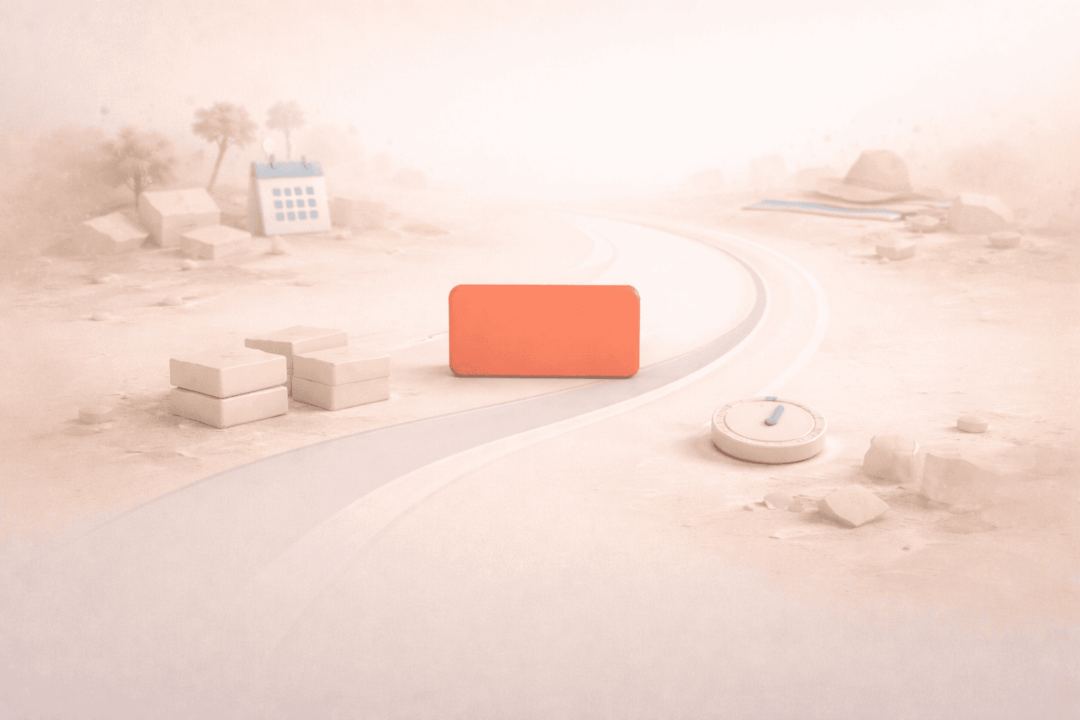 Minimalistische 3D-Illustration einer korallfarbenen Fokuskarte, die sanft in einen klaren Arbeitsweg zurückkehrt, während seitlich ein geordneter Stapel heller Aufgaben-Elemente liegt und im Hintergrund verblassende Urlaubsobjekte sowie dezente Zeit- und Kalendersymbole einen ruhigen Übergang vom Urlaub zurück in den Arbeitsmodus darstellen.