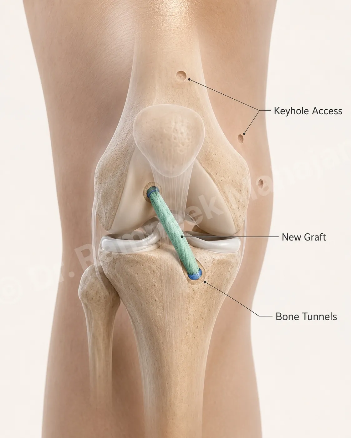 Keyhole ACL reconstruction: the torn ligament is replaced by a new graft anchored in small bone tunnels, not stitched.