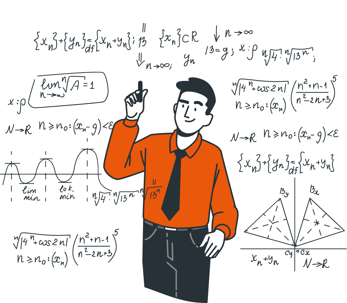 Ilustração de um homem com um aglomerado de fórmulas de matemática.