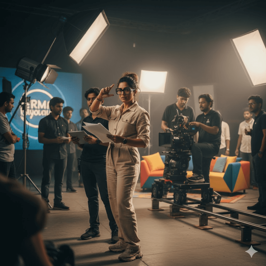 Film director guiding actors and crew on a studio set with lighting equipment and cameras.