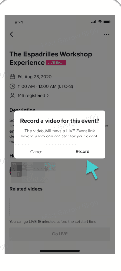 A screenshot of the TikTok LIVE Event details page with a pop-up prompt asking to "Record a video for this event?" and offering "Cancel" and "Record" buttons.