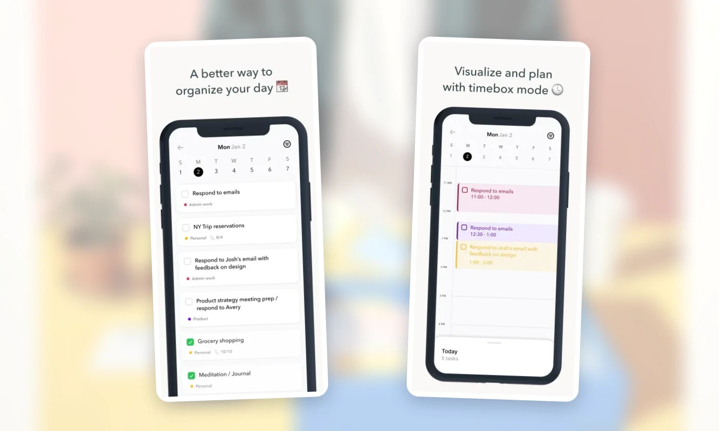 Official Ellie screens showing a concise day list beside visual calendar planning.