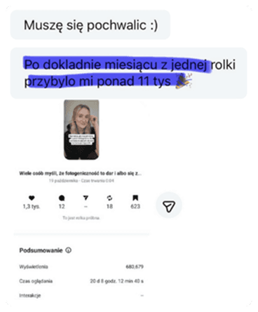 Biznes na Insta – opinia o wyzwaniu publikacji rolek, które pomogło uczestniczce określić niszę, uporządkować komunikację i osiągnąć największe dotąd zasięgi – mimo wcześniejszego udziału w różnych kursach i szkoleniach.